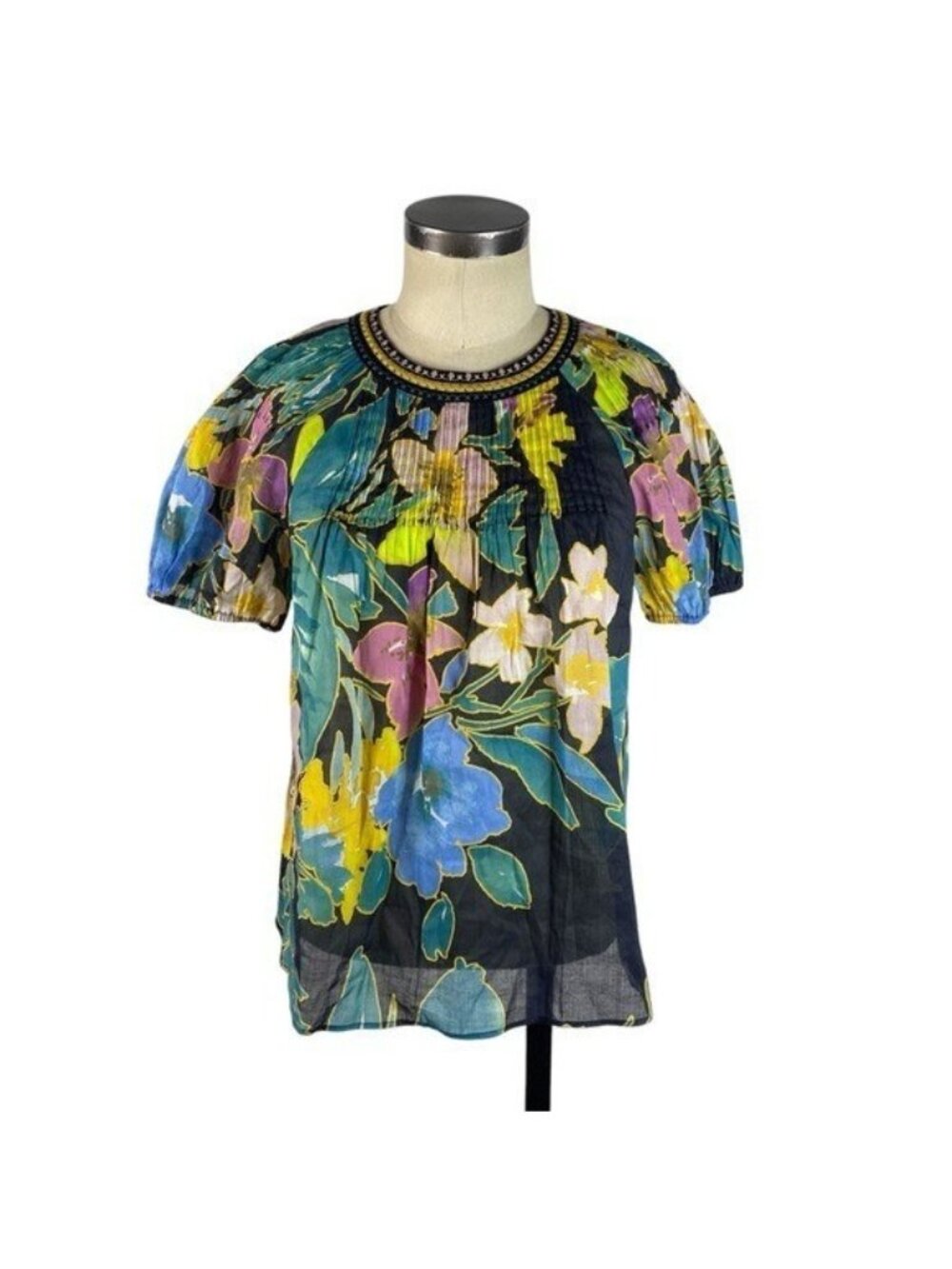 NEW Daniel Rainn Embroidered Floral Top Blouse Small Black Multi Linen Blend NWT